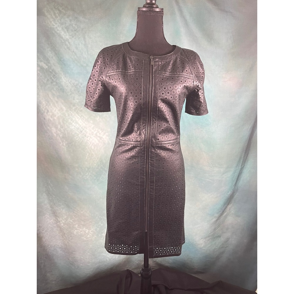 My Tribe Black Leather Perforated Front Zip Sheath Dress Womens‎ Small
